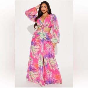 Hot pink and purple tropical flare jumpsuit